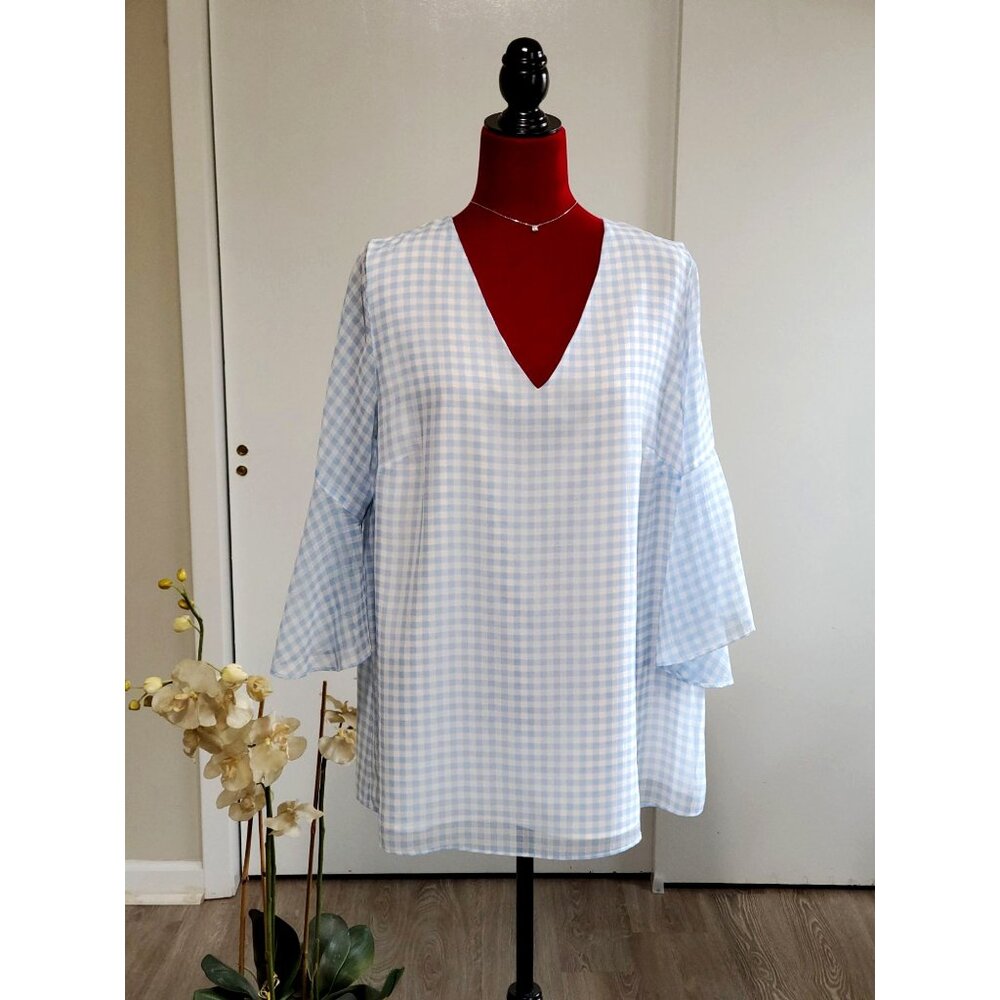 Calvin Klein Women's Light Blue V-Neck Gingham Blouse Ruffle Sleeves Sz L 1241